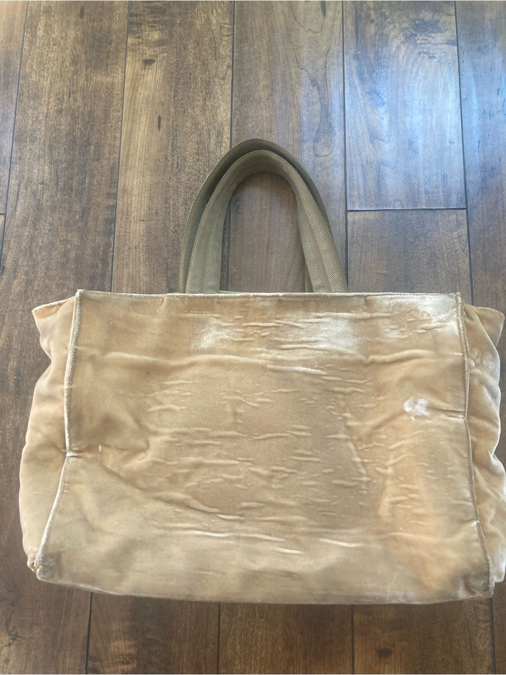 Prada Beige Velvet Tote with Olive Webbed Handles